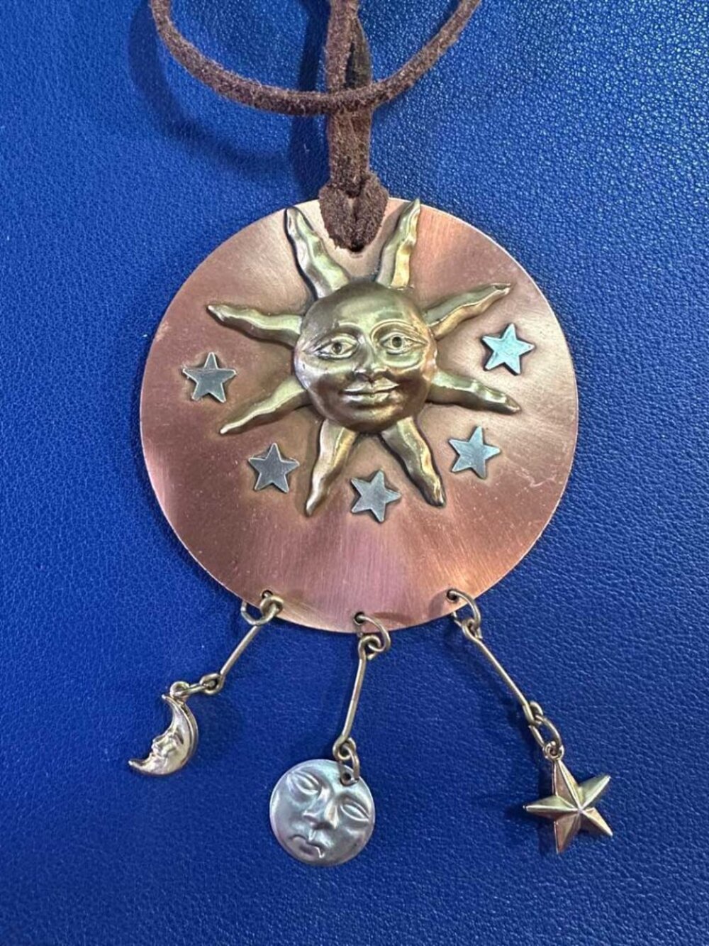 Vintage Celestial Sun Moon Star Copper Brass Pendant Suede Cord Necklace Boho